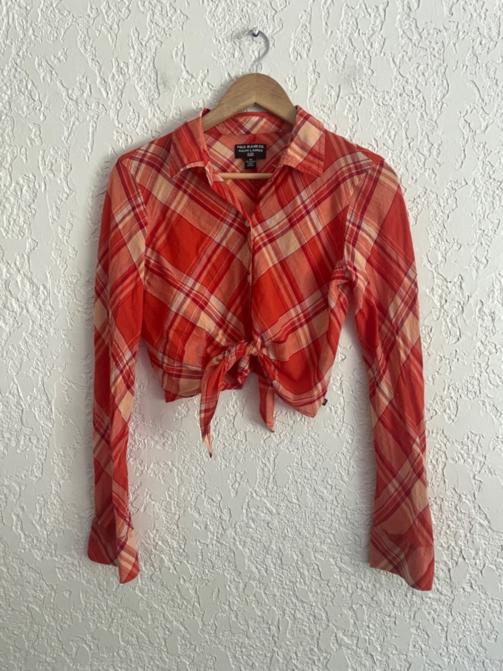 Ralph Lauren Polo Jeans RARE Y2K Western Country Tie Plaid Crop Top Shirt - M